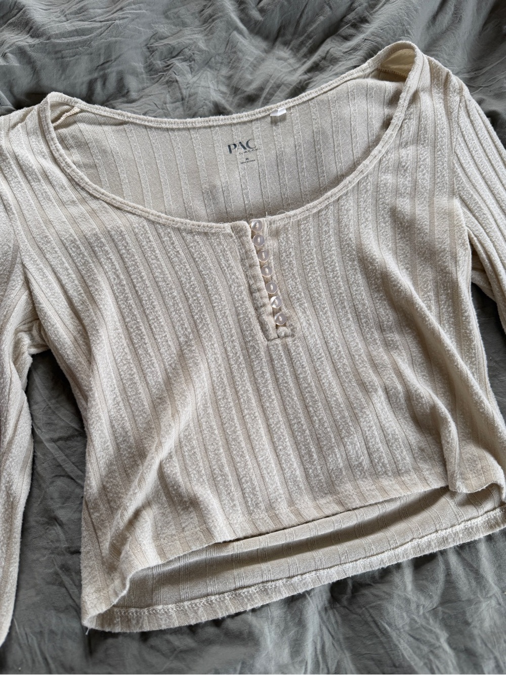 PacSun Cream Ribbed Button-Front Long Sleeve Top